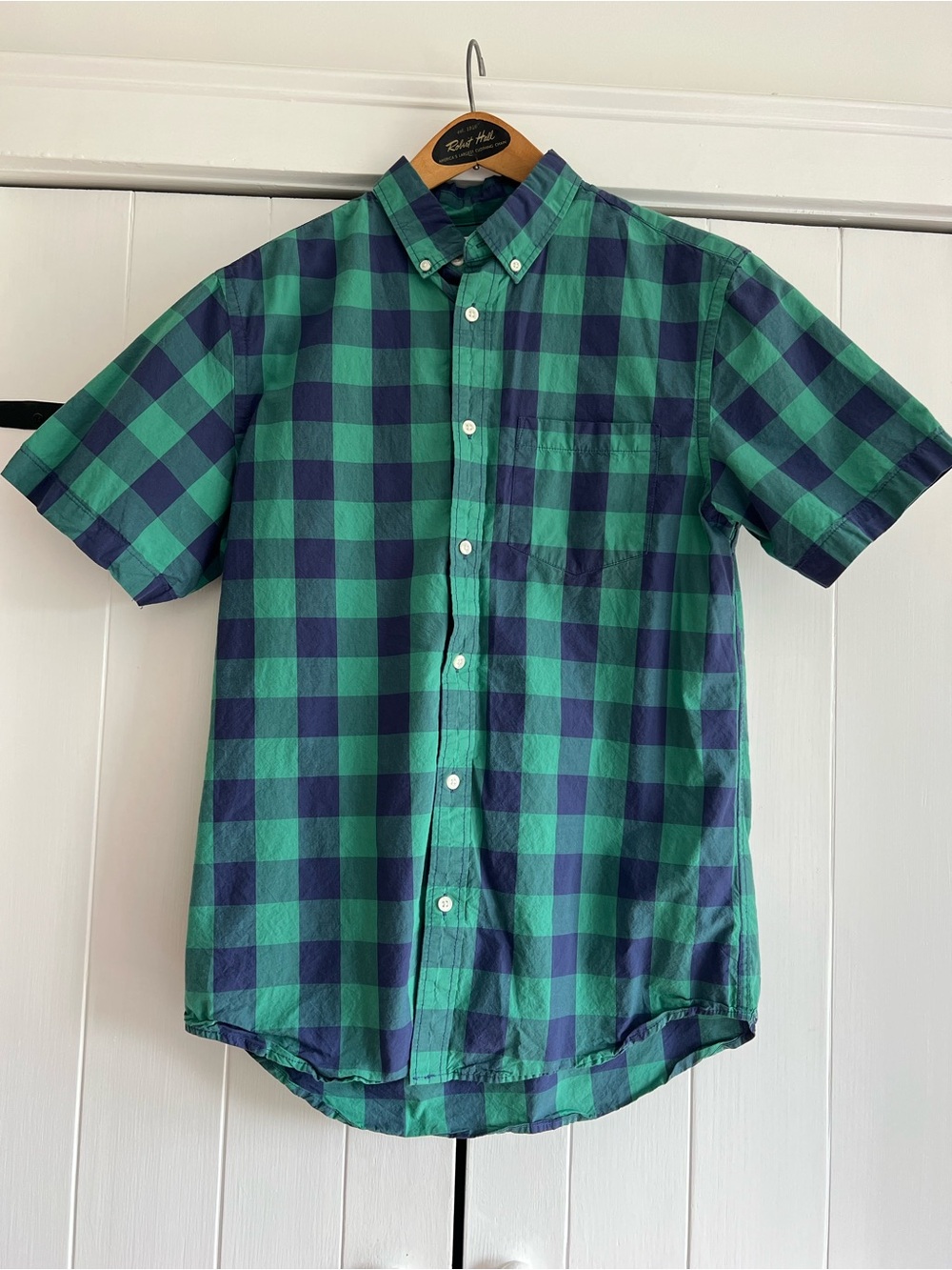 Old Navy Green and Navy Plaid Short-Sleeve Button-Down Shirt